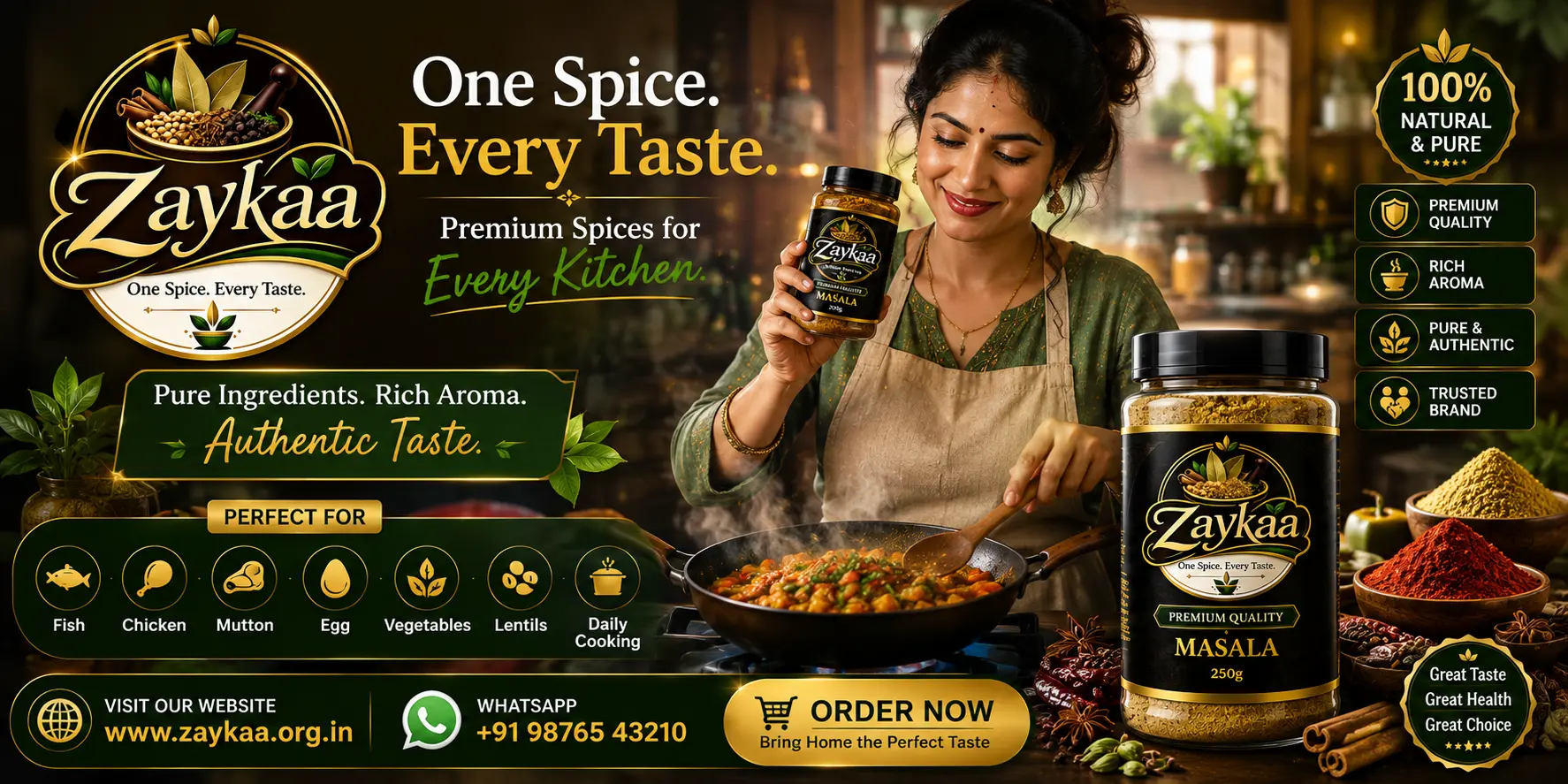 ZAYKAA — One Spice. Every Taste. A home cook seasoning a curry beside the 250 g masala jar